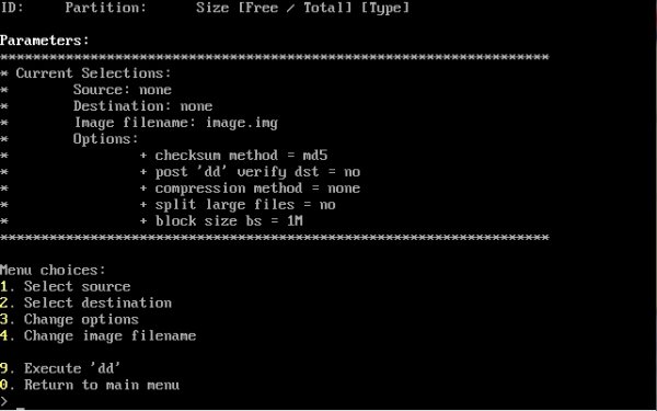 Fig. 6 – OSFClone – Opzioni Creazione Immagine Disco con dd